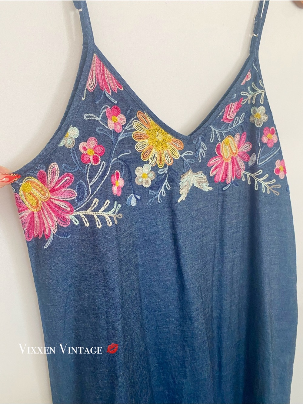 KAREN KANE FLORAL EMBROIDERED ‘PINK LEMONADE MAXI DRESS’ IN DENIM - Picture 4 of 7